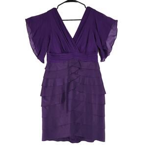 Adrianna‎ Papell Silk Midi Dress 6 Women Purple Layers Tiered Flutter Sleeves